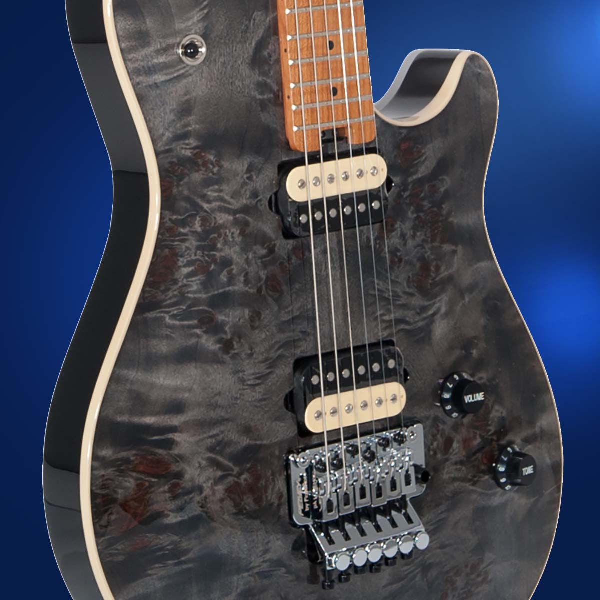 Studio close-up of Peavey HP2 dark poplar burl electric guitar