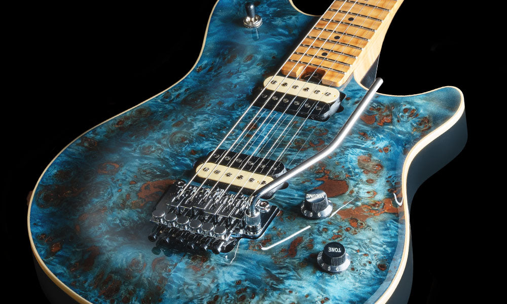 Peavey HP2 translucent blue poplar burl guitar detail shot
