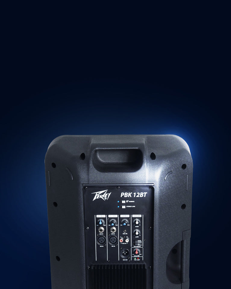 back panel of Peavey PBK 12BT Powered Loudspeaker on a dark blue background