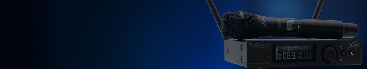 A Peavey ProComm wireless microphone system on a dark blue gradient background.
